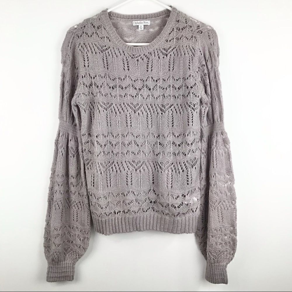 Ophelia Roe Open Knit Weave Puff Sleeve Sweater NEW